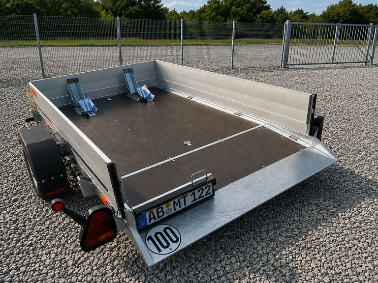 Abgesenkter MT 122 mit Bordwänden und zwei Motorradwippen